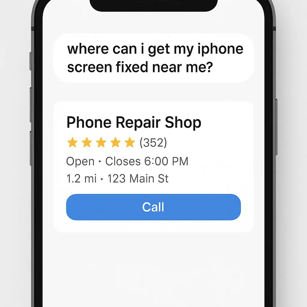 Mock Mobile-Screenshot zeigt Voice-Suche-Ergebnisse