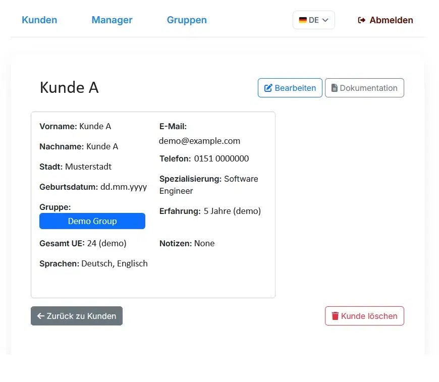 Jo&Co CRM Kundendetailansicht mit Profil und Dokumenten