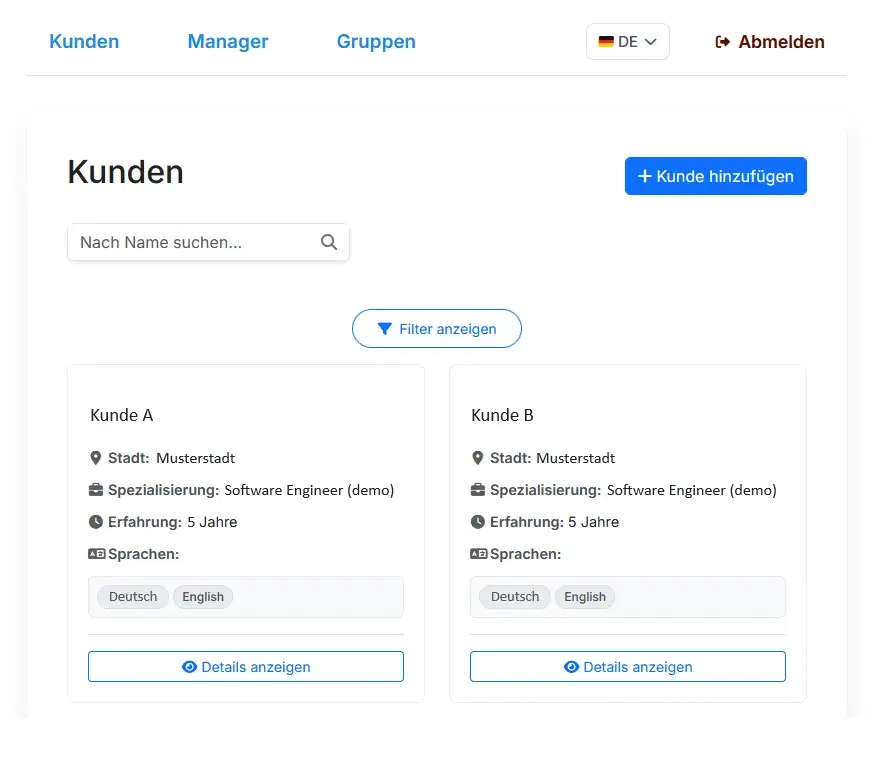 Jo&Co CRM Kundenliste mit Suchfiltern und Aktionsschaltflächen