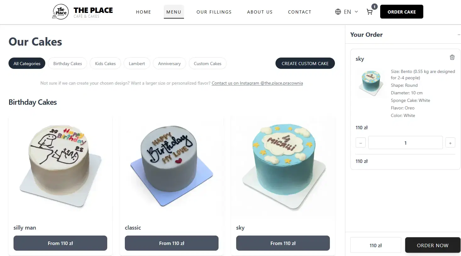 The Place Online-Menü mit Tortenkatalog und Kategorien