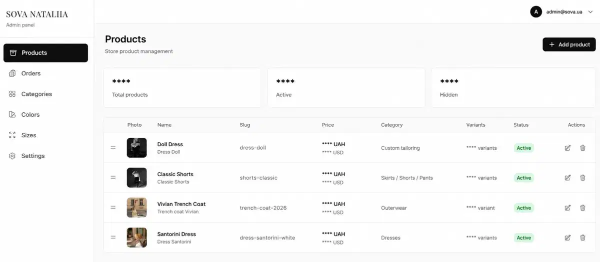 SOVA NATALIIA Admin-Dashboard mit Produktverwaltung