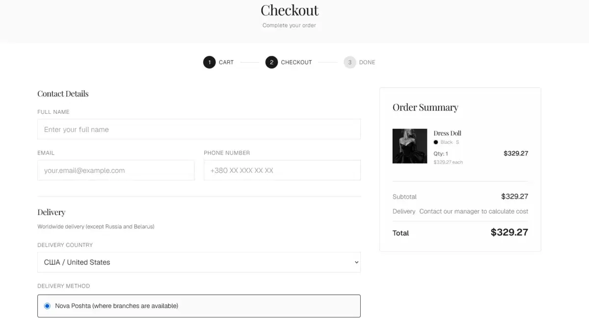 SOVA NATALIIA Checkout-Seite mit Auswahl der Zahlungsmethode